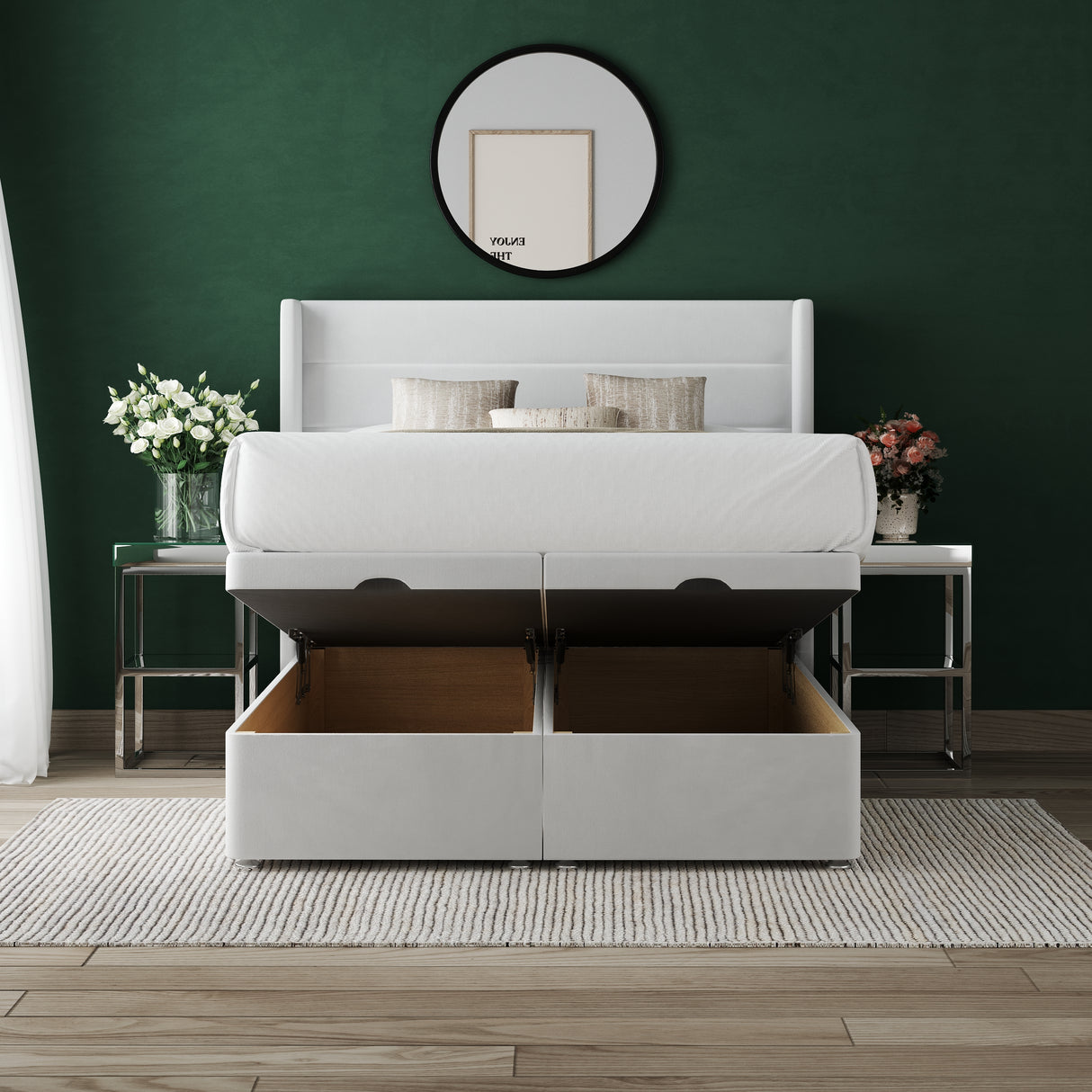 Jasmine Winged Ottoman Divan Bed with 54" Winged Floorstanding Headboard