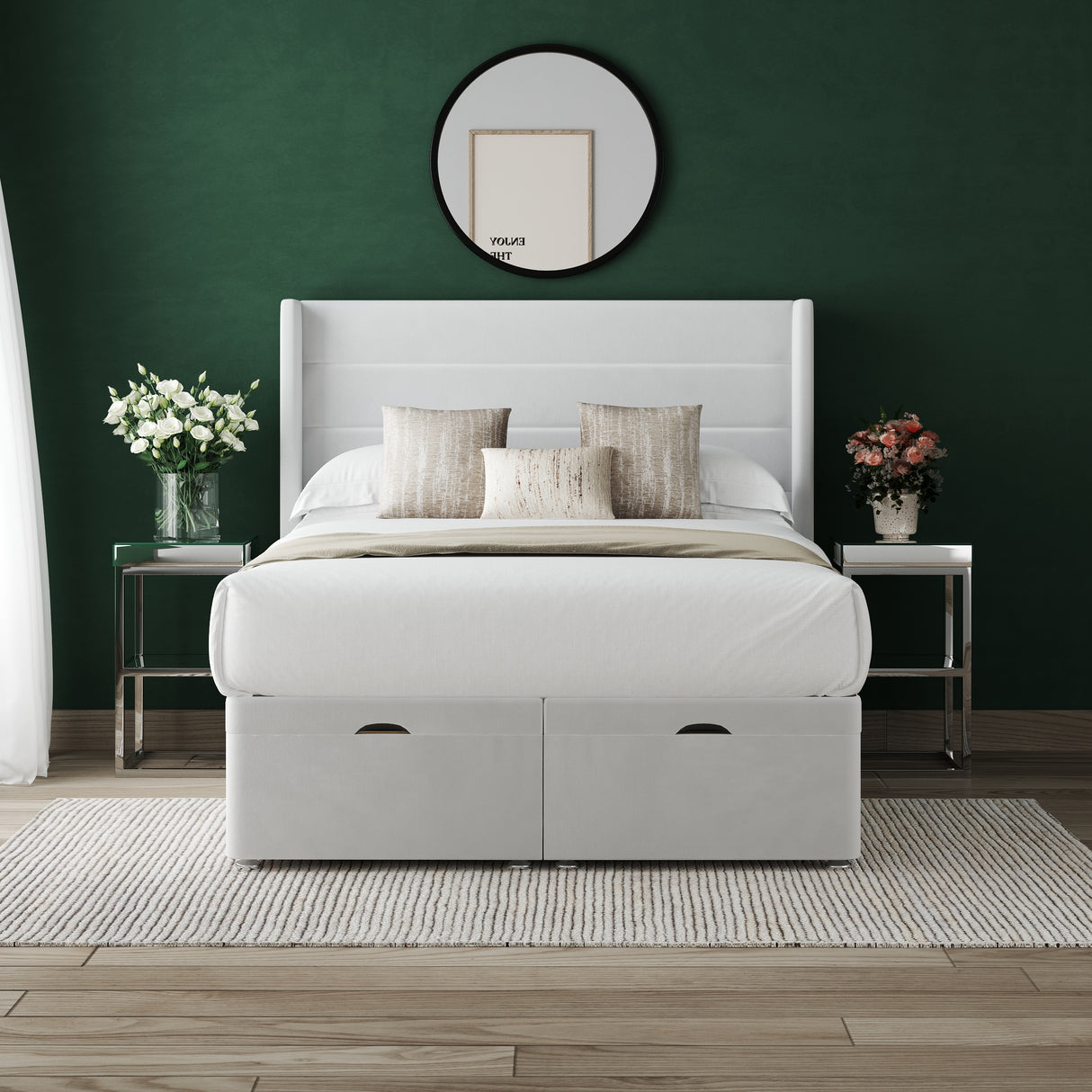 Jasmine Winged Ottoman Divan Bed with 54" Winged Floorstanding Headboard