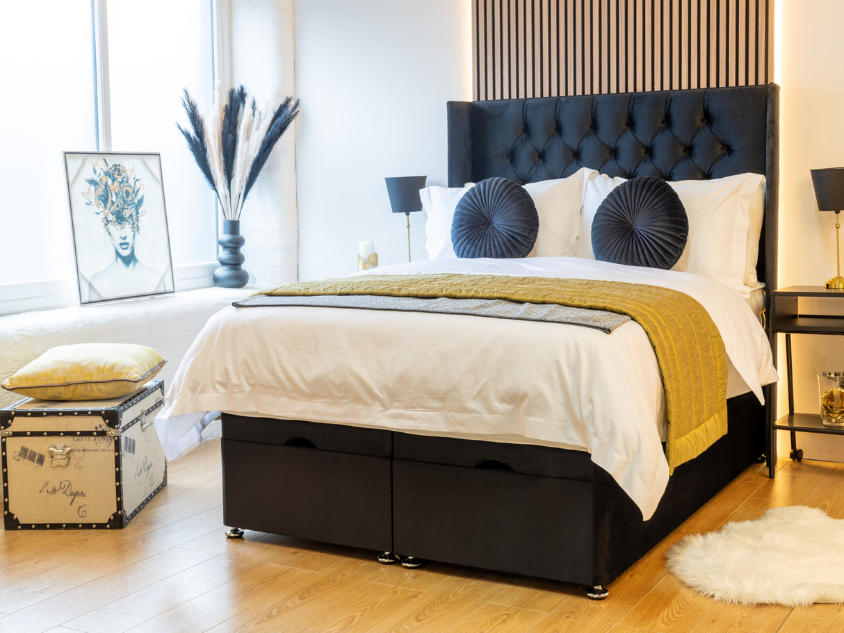 Chesterfield Winged Ottoman Bed with 54" Winged Floorstanding Headboard