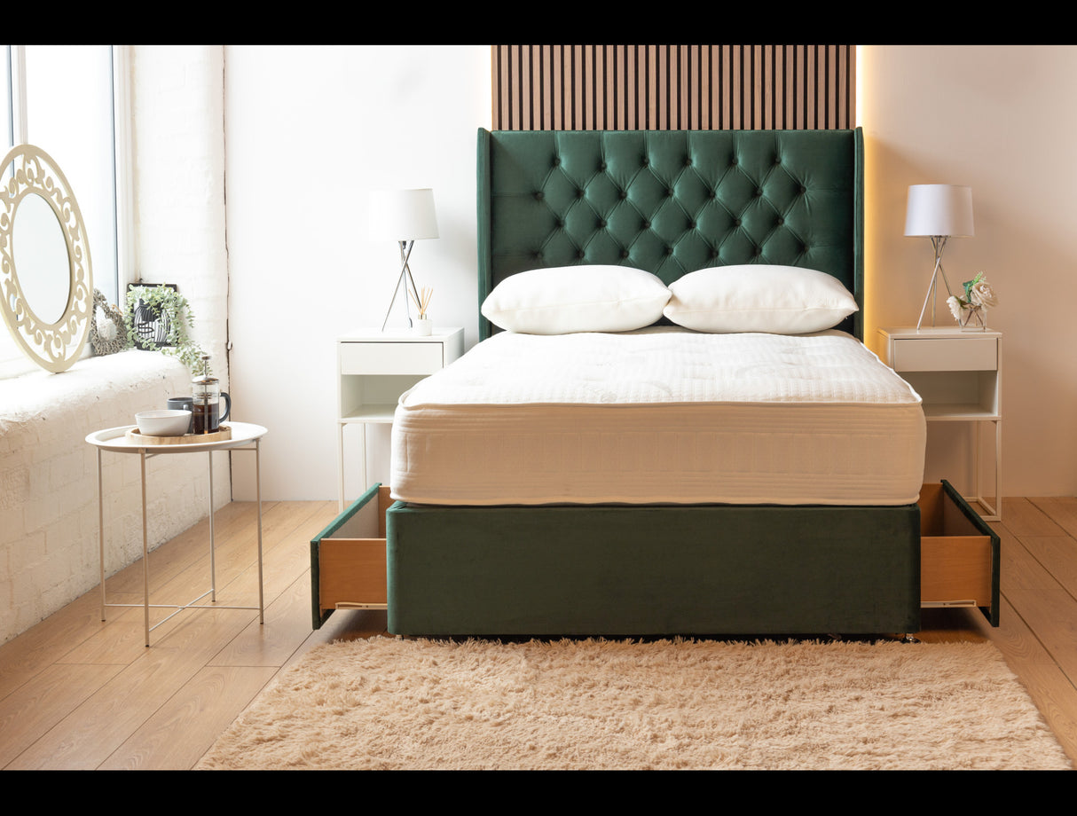 Kensington Divan Bed Set With Mattress Options And Floorstanding Winged Headboard