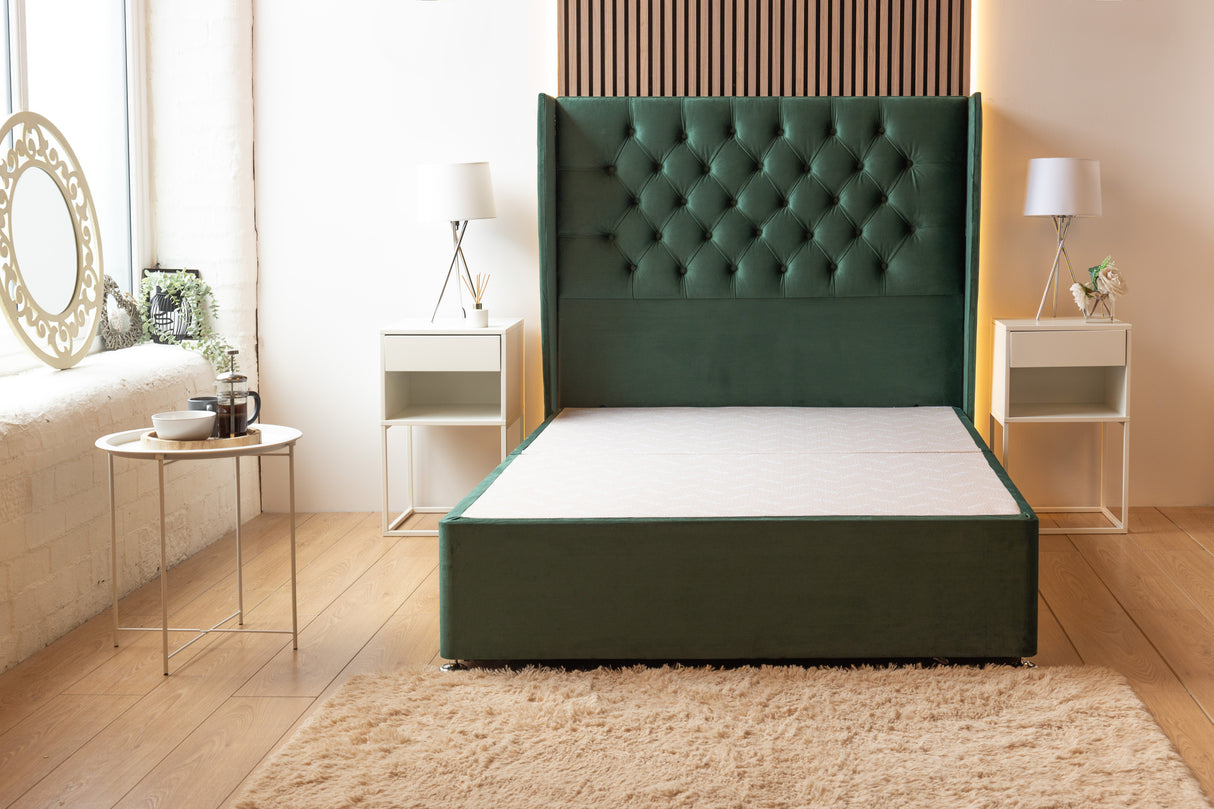 Kensington Divan Bed Set With Mattress Options And Floorstanding Winged Headboard