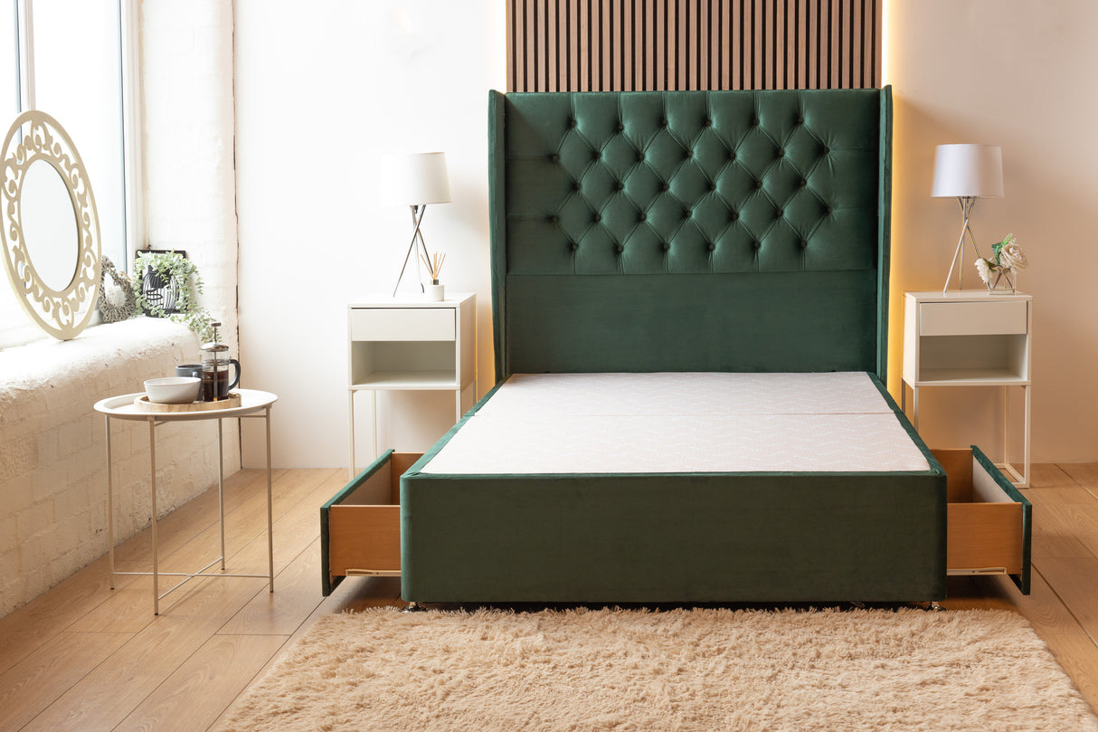 Kensington Divan Bed Set With Mattress Options And Floorstanding Winged Headboard