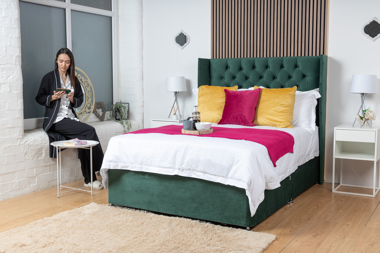 Kensington Divan Bed Set With Mattress Options And Floorstanding Winged Headboard