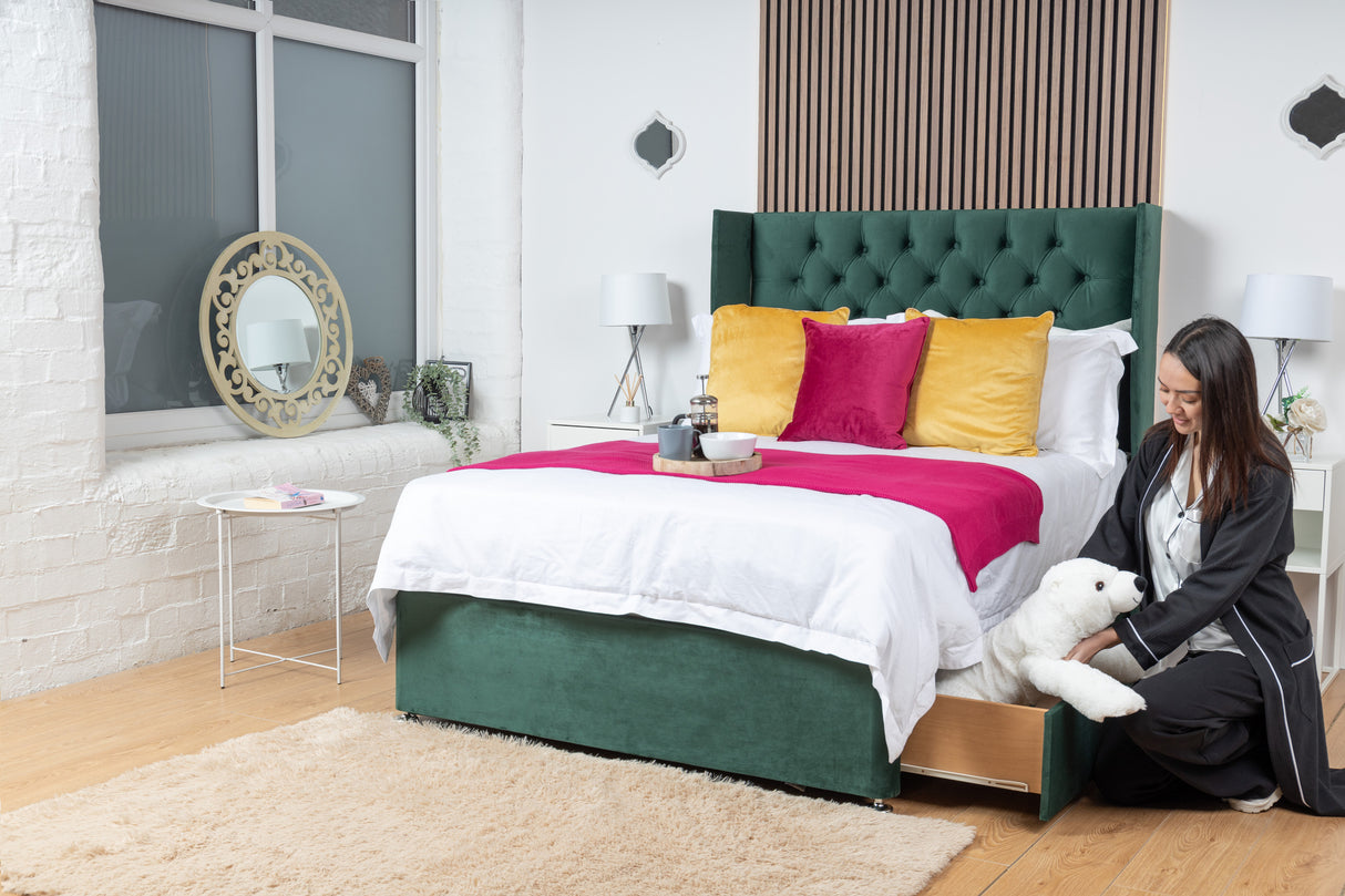 Kensington Divan Bed Set With Mattress Options And Floorstanding Winged Headboard