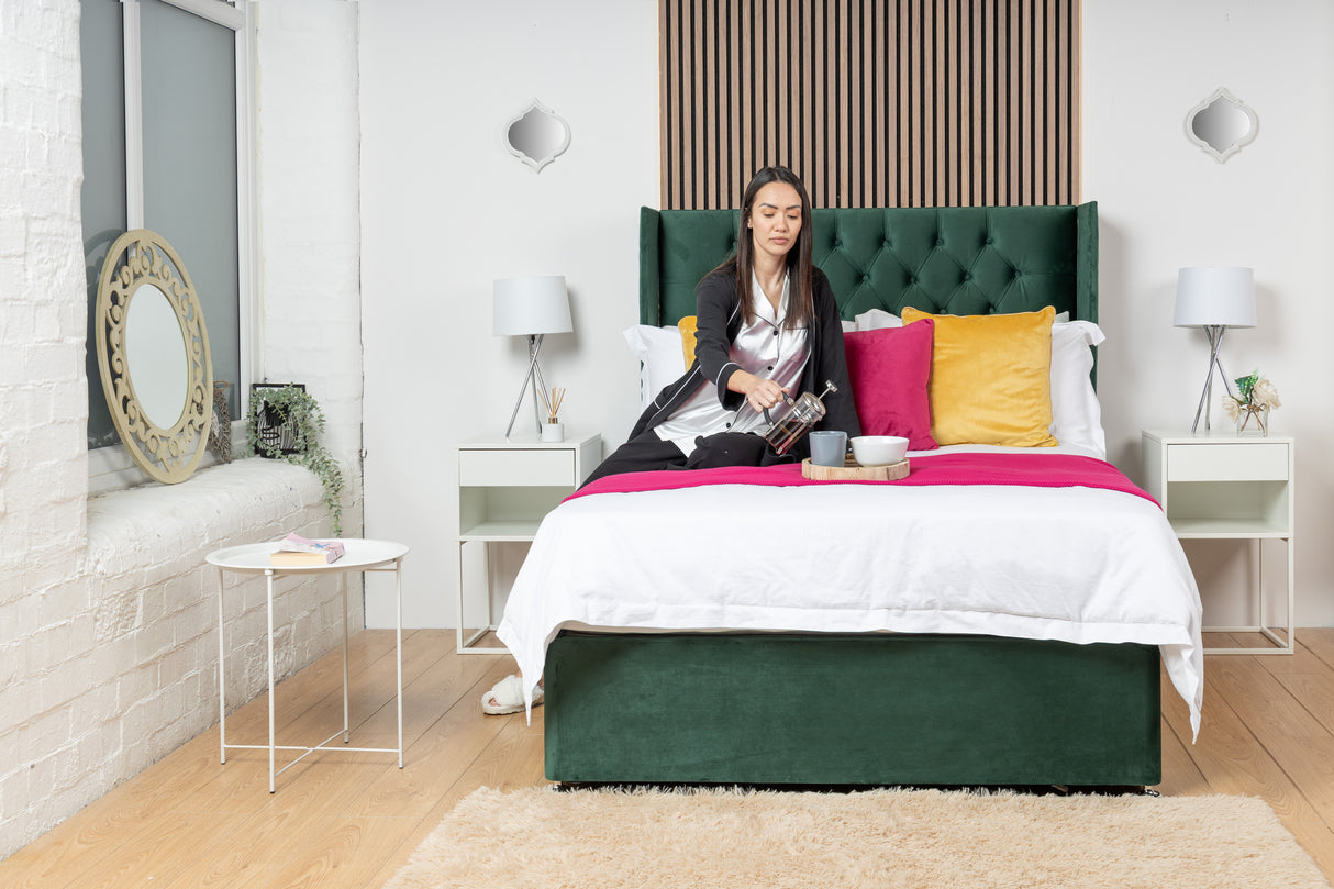 Kensington Divan Bed Set With Mattress Options And Floorstanding Winged Headboard