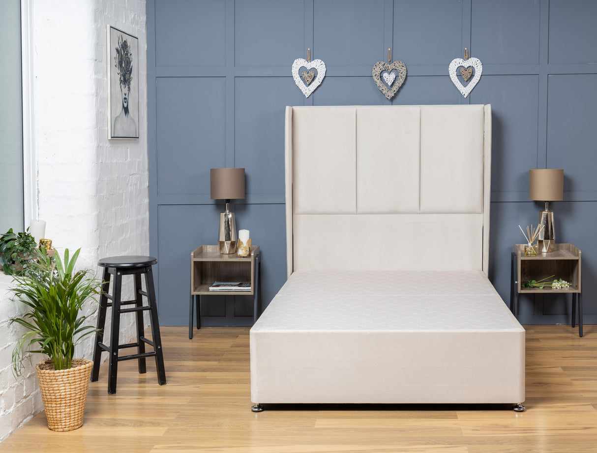 3 Panel Divan Bed Set With Mattress Options And Floorstanding Curved Winged Headboard