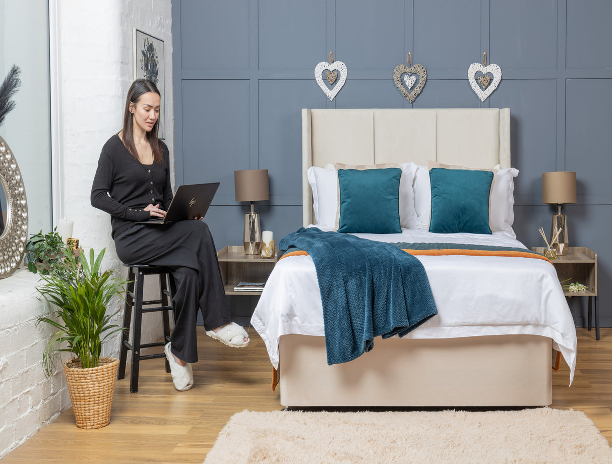 3 Panel Divan Bed Set With Mattress Options And Floorstanding Curved Winged Headboard