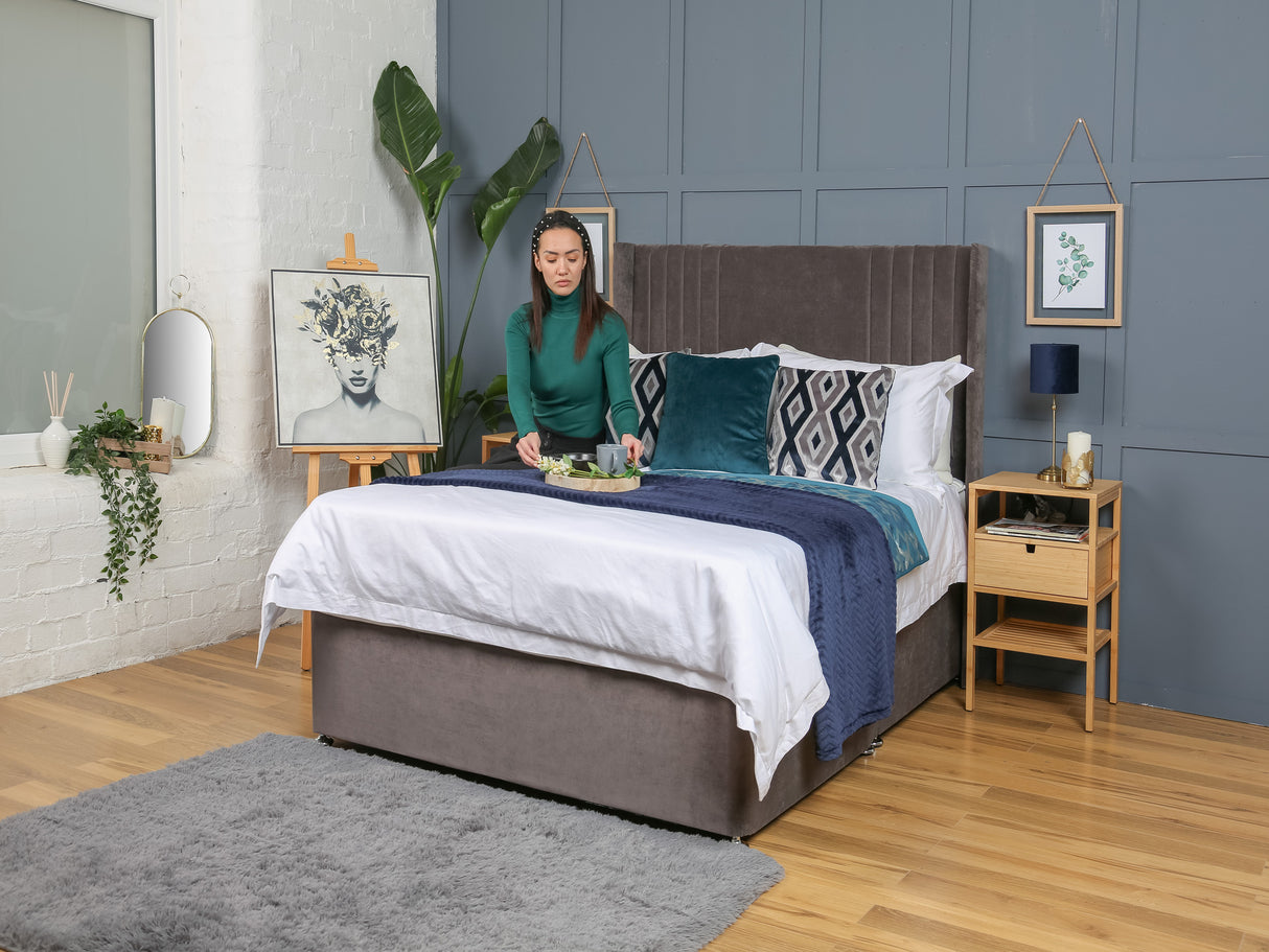 Sauvage Divan Bed Set With Mattress Options And Floorstanding Winged Headboard