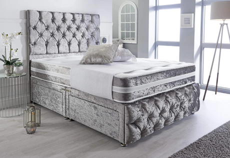 Queen Crushed Velvet Divan Bed Set With Headboard and Mattress Options