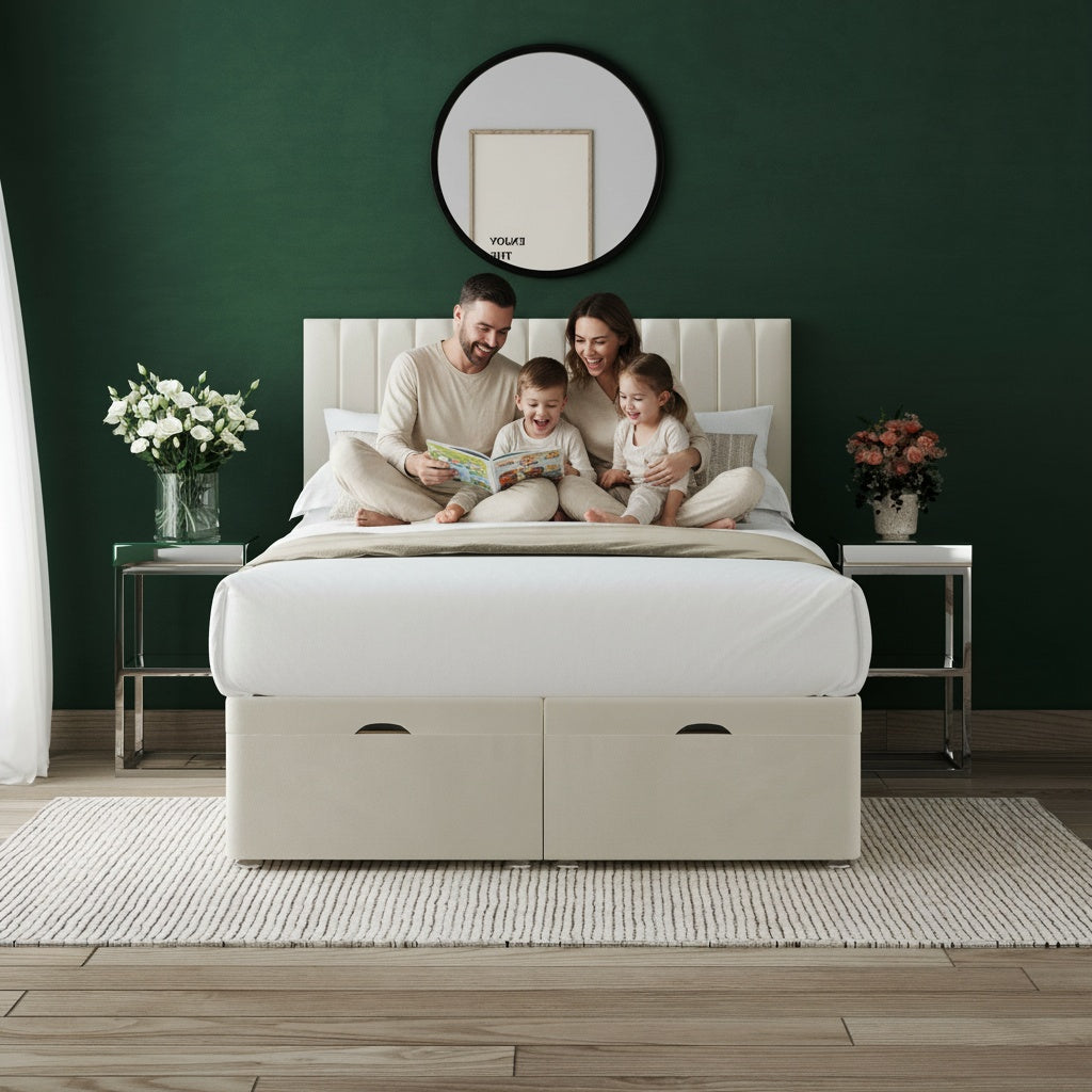A family reading together on a cream upholstered ottoman divan bed