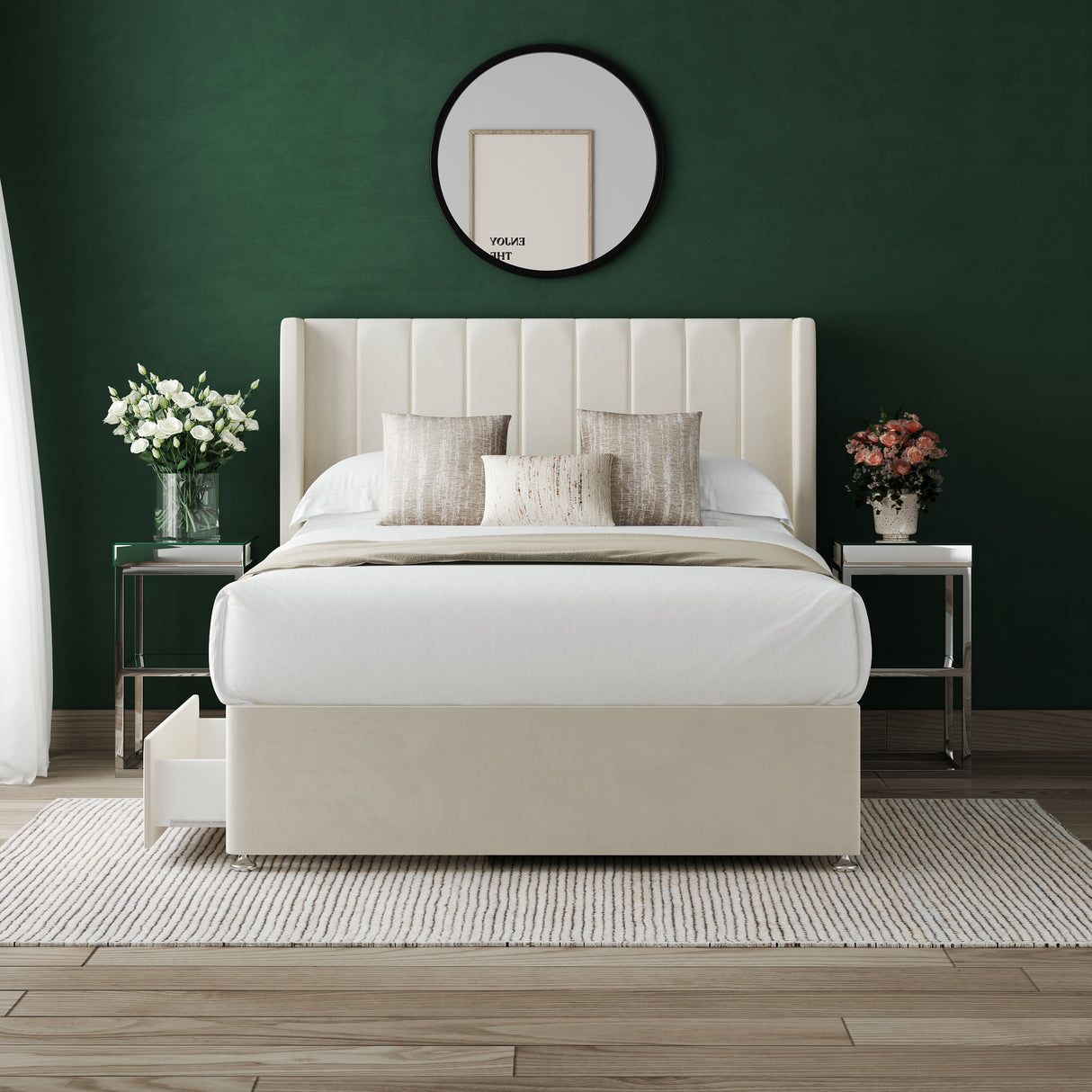 Modern Apollo Divan Bed Set with 54" Winged Floorstanding Headboard & Mattress Options