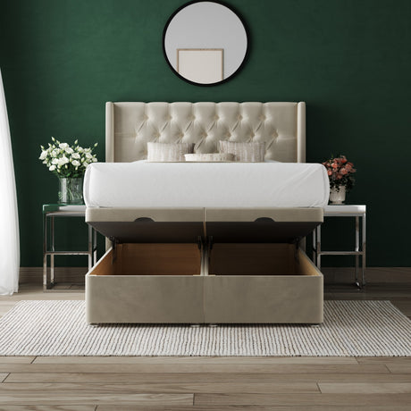 Emily Wing Ottoman Divan Bed With 54'' Winged Floorstanding Headboard