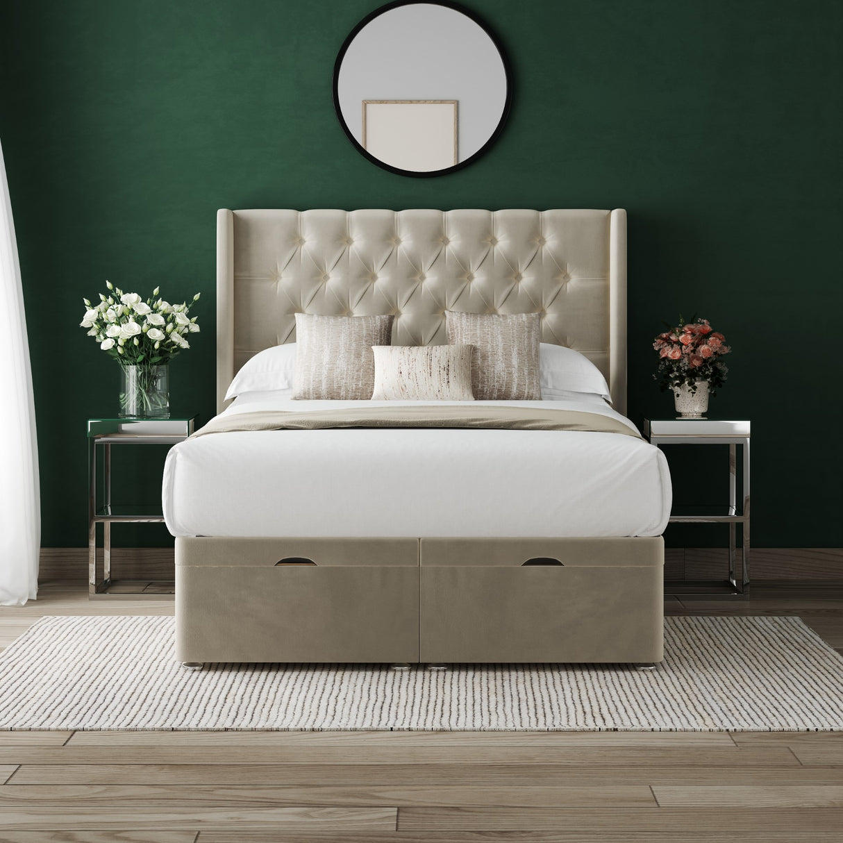 Emily Wing Ottoman Divan Bed With 54'' Winged Floorstanding Headboard